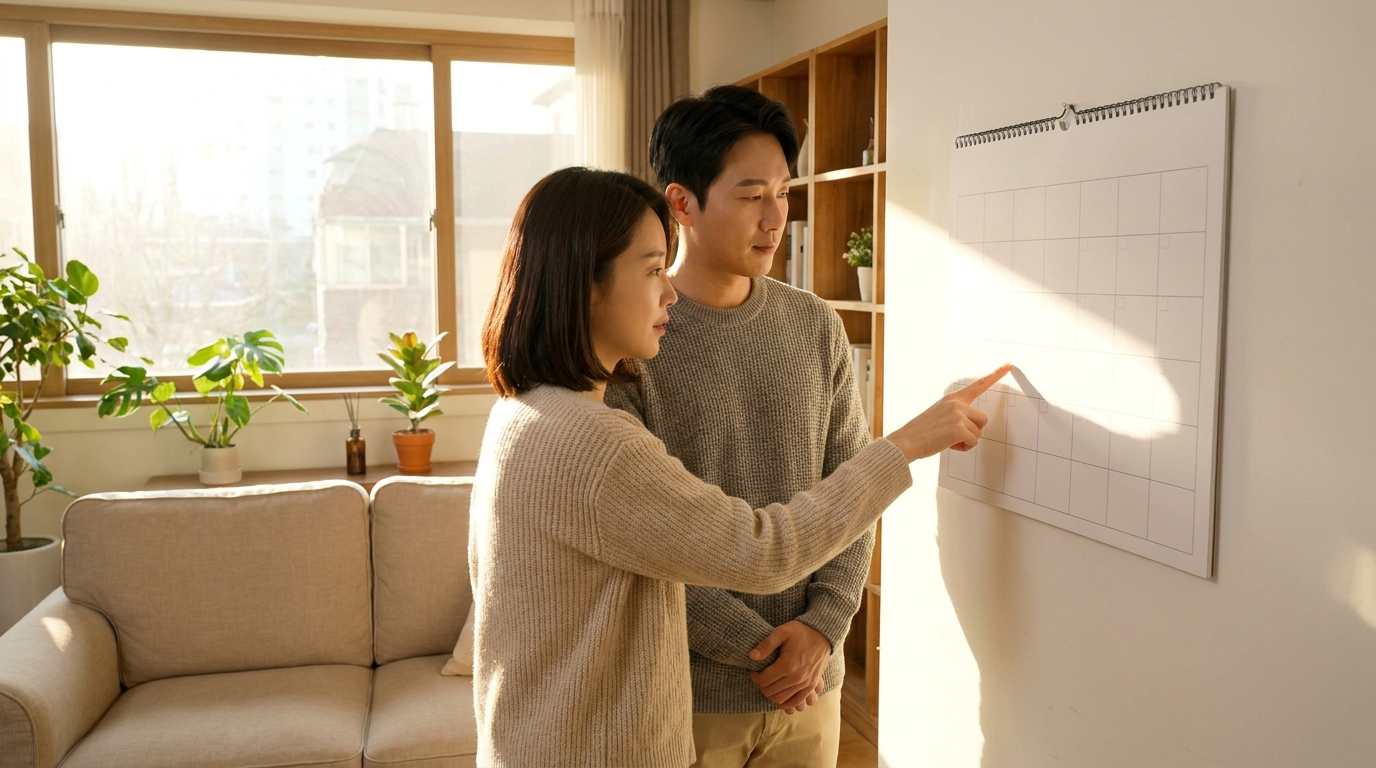 거실 달력을 보며 이야기하는 부부