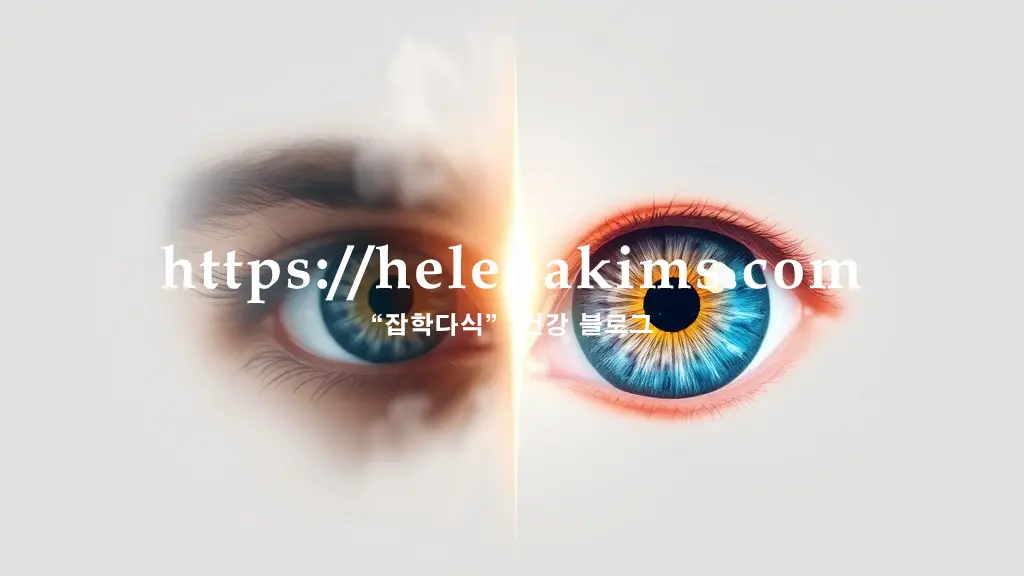 왼쪽은 뿌옇고 흐린 시야를 표현하는 눈동자, 오른쪽은 선명하고 밝게 빛나는 세상을 비추는 눈동자. 둘 사이를 연결하는 부드러운 빛과 희망적인 분위기를 담아 백내장 극복 후의 변화를 시각화한 이미지.