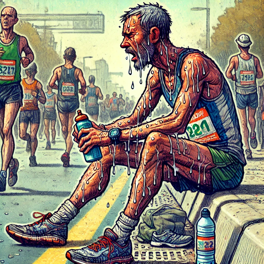 마라톤 중 지쳐 쉬는 남자 일러스트