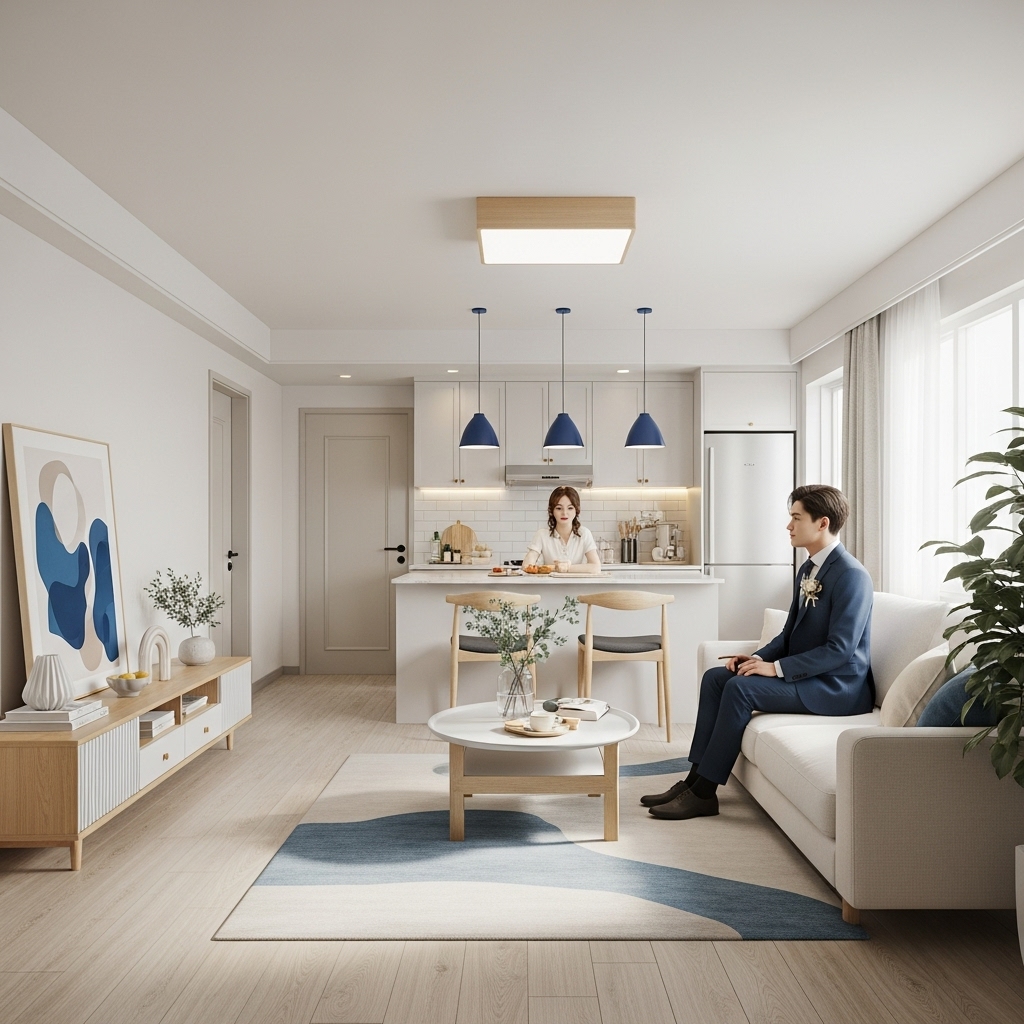 2025년 1000만원대 예산으로 꾸민 신혼부부의 따뜻하고 현대적인 미니멀리즘 아파트 거실 인테리어. 클래식 블루 포인트가 돋보입니다.