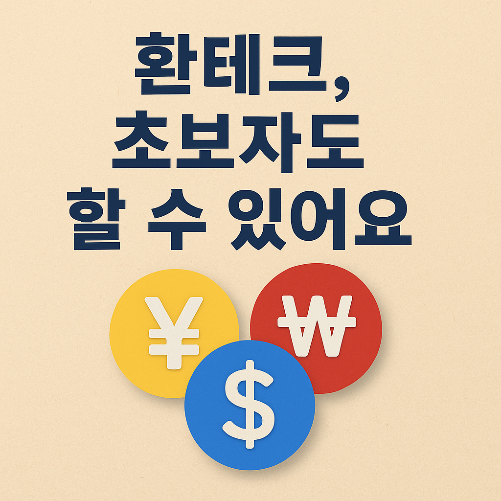 환테크 초보자도 할 수 있어요 – 달러, 엔화, 원화 아이콘이 함께 들어간 재테크 썸네일 이미지