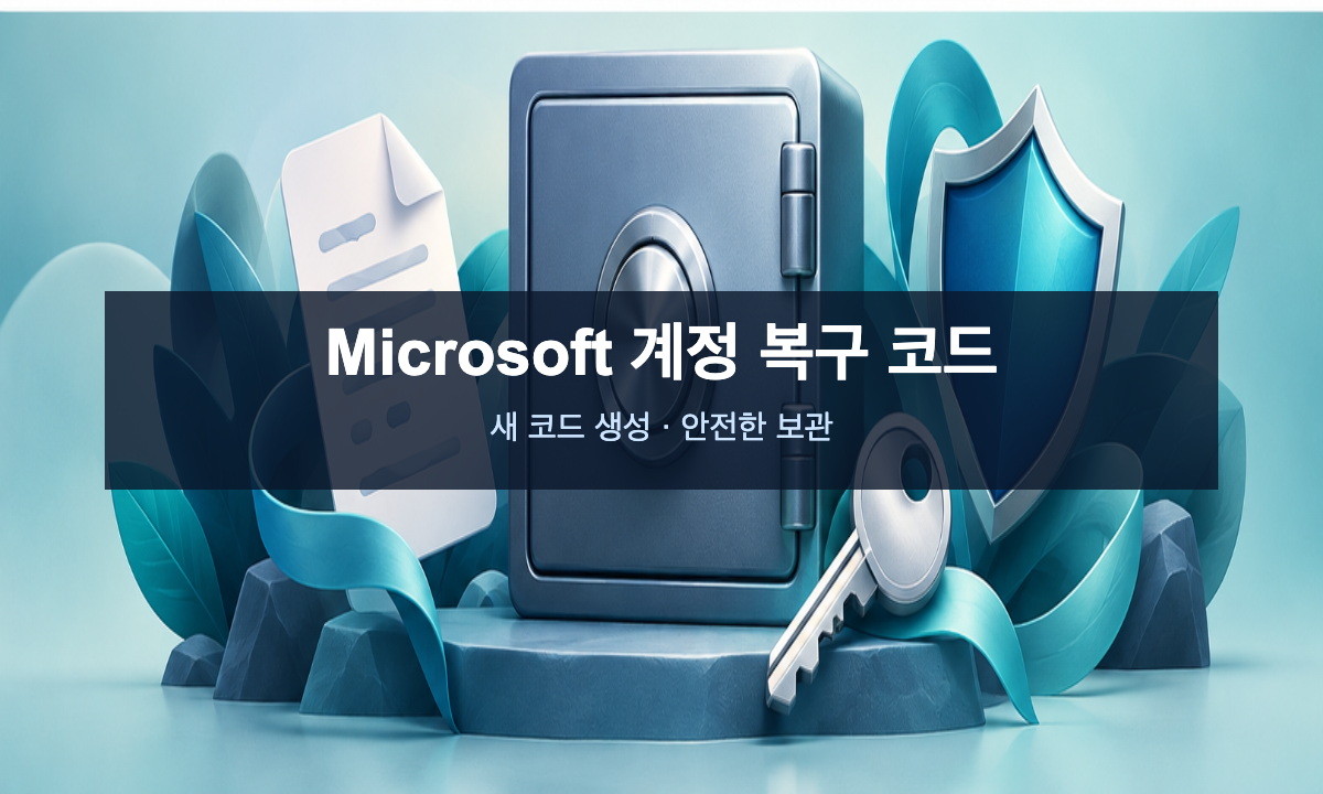Microsoft 개인 계정 복구 코드의 안전한 보관을 표현한 금고&middot;종이&middot;열쇠 삽화