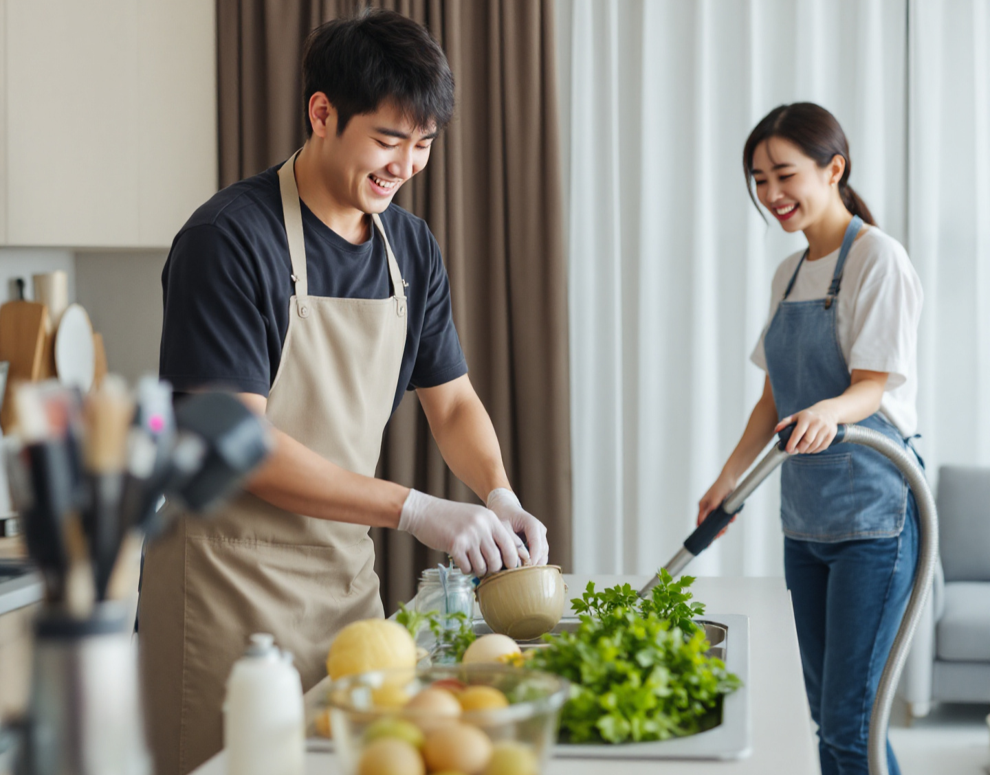 맞벌이 부부가 행복한 표정으로 남성은 앞치마를 두르고 씽크대에서 설겆이를 하고 있고, 여성은 진공청소기로 거실 청소를 하고 있다
