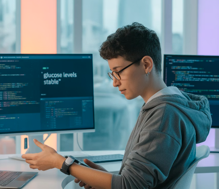 Developer using FreeStyle Libre 2 continuous glucose monitoring system with LibreView app for health management
