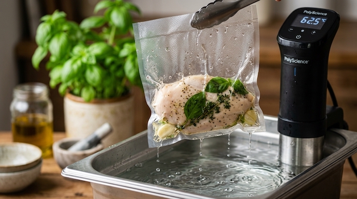 sous-vide chicken breast with basil