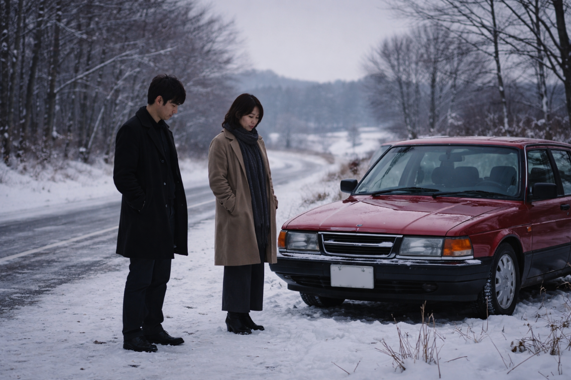 눈 덮인 길가에 선 두 사람과 그 옆에 멈춰 있는 붉은 차가 보이는 고요한 장면