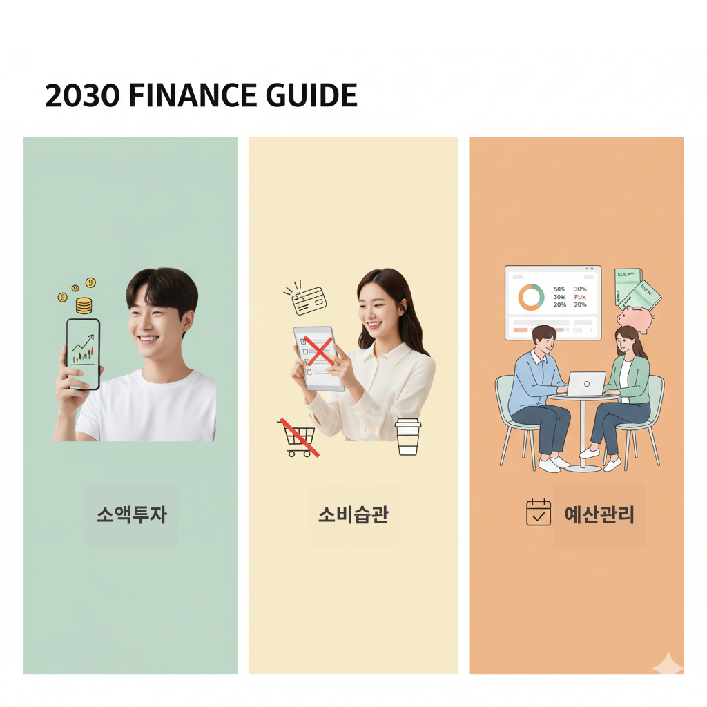 2030 파이낸스 가이드, 스마트폰으로 소액투자하는 남성, 소비습관 개선을 위해 카드 사용 자제하는 여성, 예산관리를 위해 논의하는 두 사람
