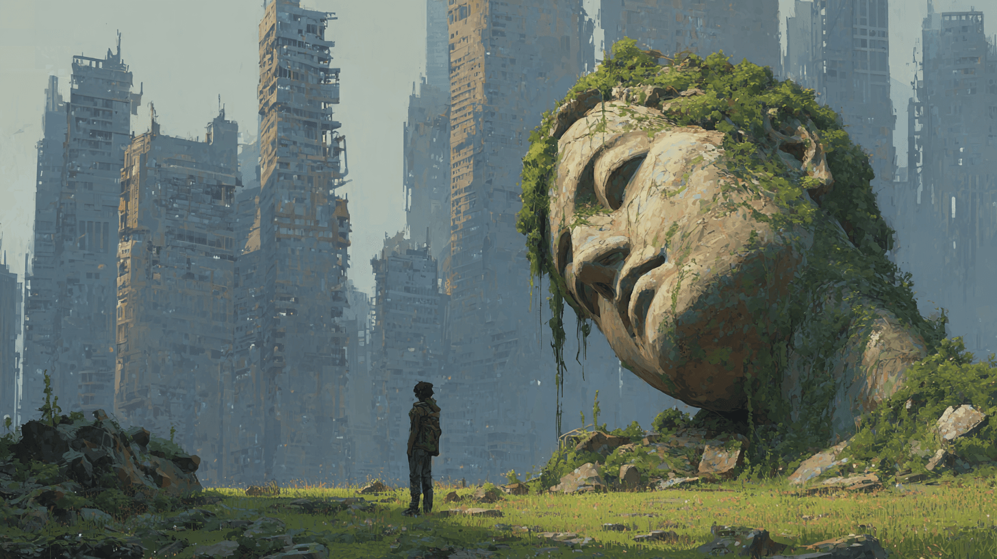 수풀로-둘러쌓인-도시-한가운데-서-있는-사람