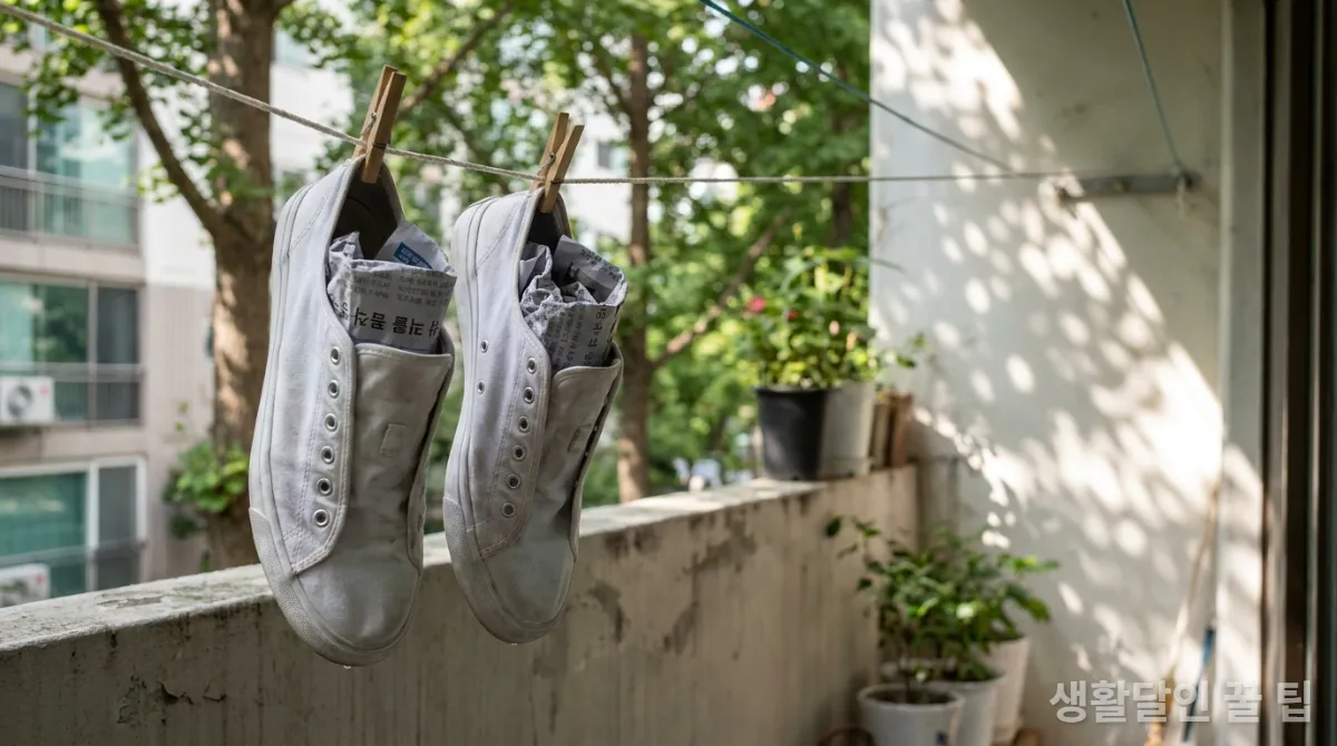 아파트 베란다 빨랫줄에 걸려 그늘에서 마르고 있는 흰색 운동화