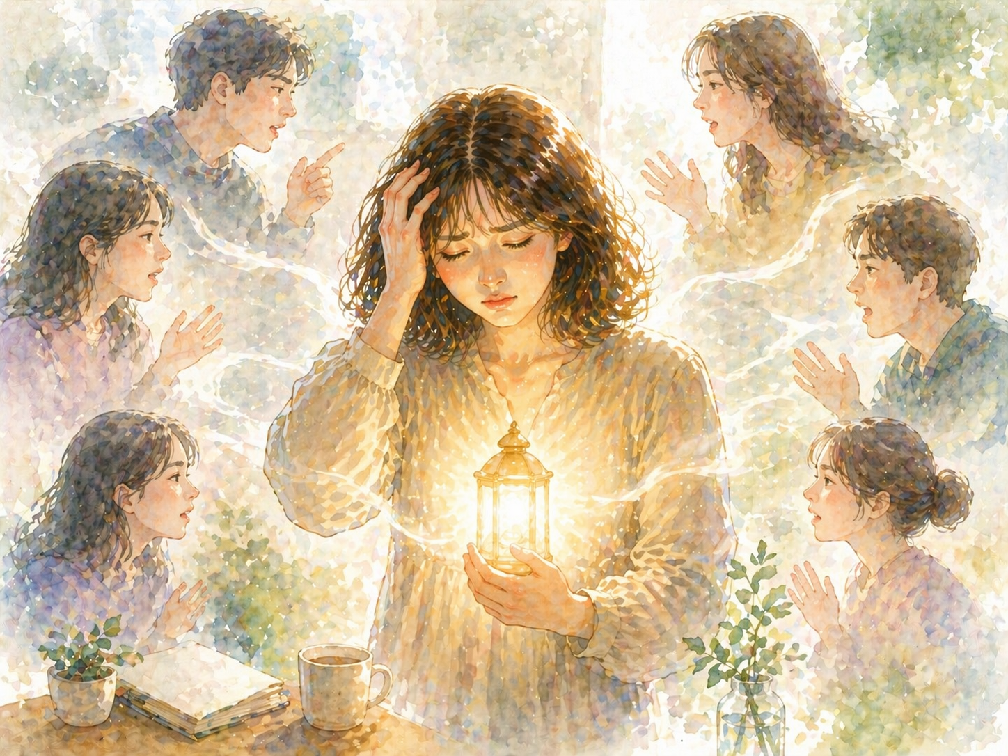 밝은 공간에서 등불을 들고 서 있는 여성과 주변의 말하는 사람들 실루엣이 어우러진 수채화 일러스트, 타인의 말에 흔들리면서도 스스로의 기준을 찾으려는 내면의 상태를 표현한 이미지