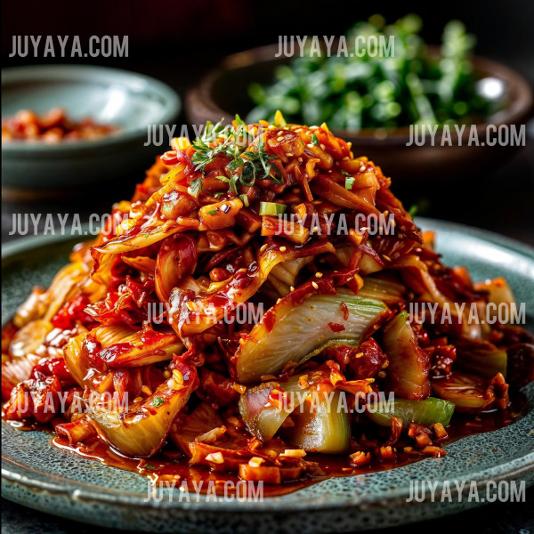 양념을 듬뿍 묻힌 김장김치의 클로즈업 - 김치 속 양념과 재료들이 선명하게 보이는 사진으로&amp;#44; 김치의 섬세한 디테일이 표현됨.