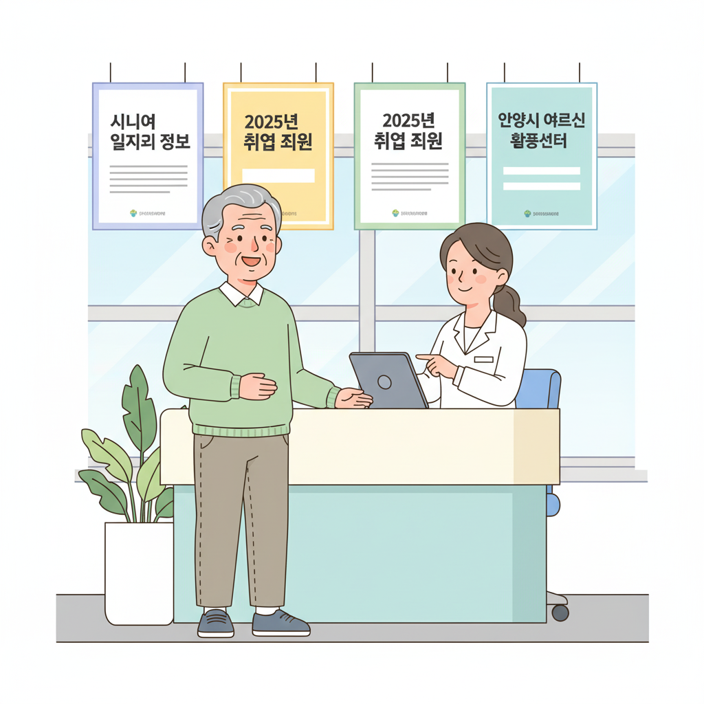 alt="안양시 어르신 활동센터에서 노년 남성이 상담원과 시니어 일자리 상담을 하는 모습, 배경에 취업 지원 안내 포스터가 걸려 있음"