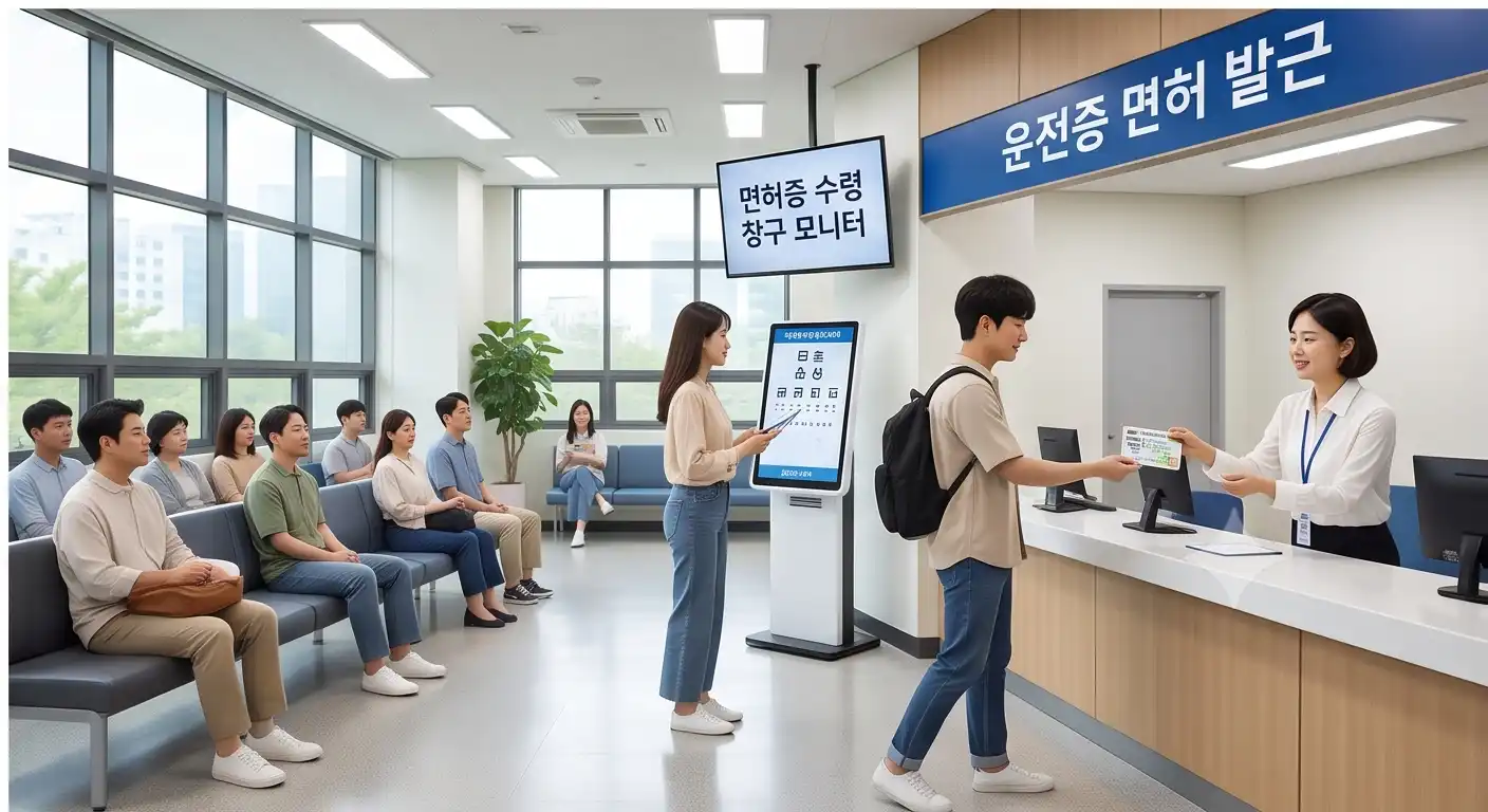 운전면허시험장 발급 창구에서 신규 갱신된 운전면허증을 수령하는 남성과 대기 공간 전경