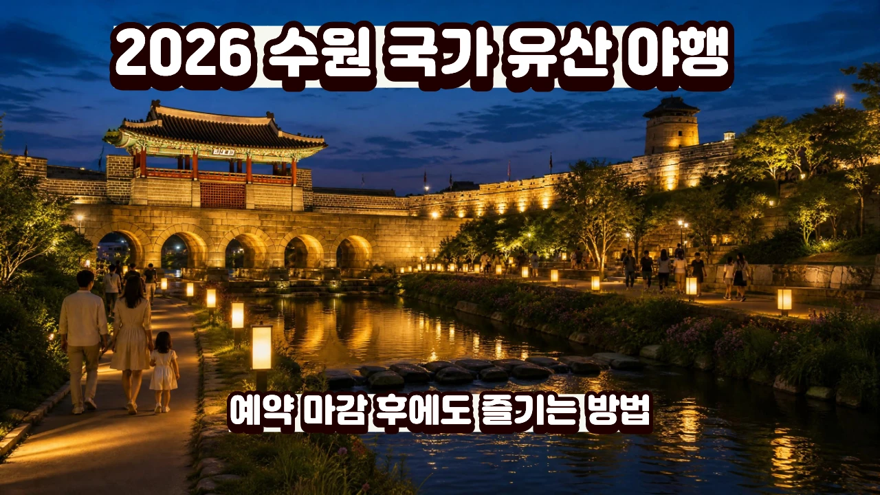 2026 수원 국가유산 야행 기간에 조명이 켜진 화홍문과 수원천 한지등 야경
