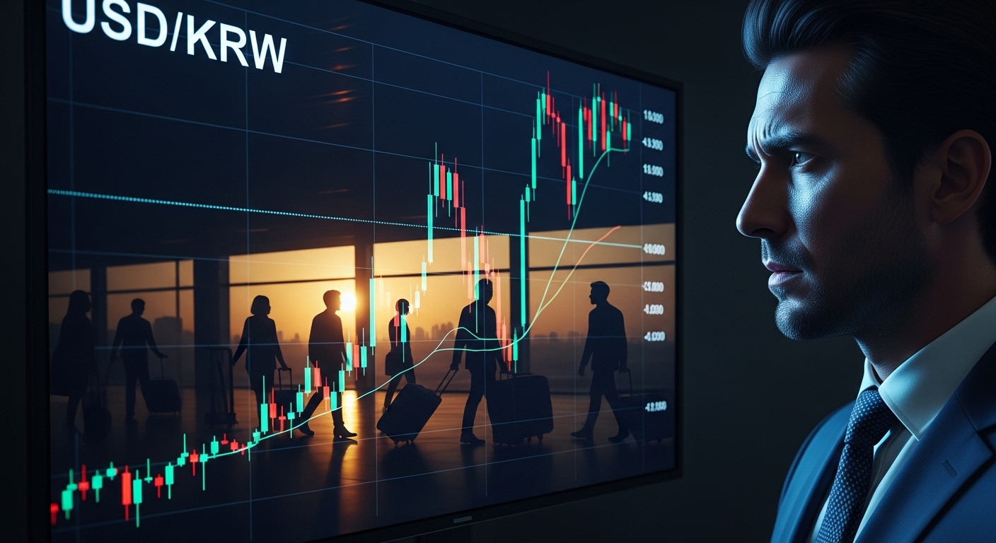 가방을 들고 떠나는 자산가들과 치솟는 달러 환율 그래프를 배경으로 고민에 빠진 투자자