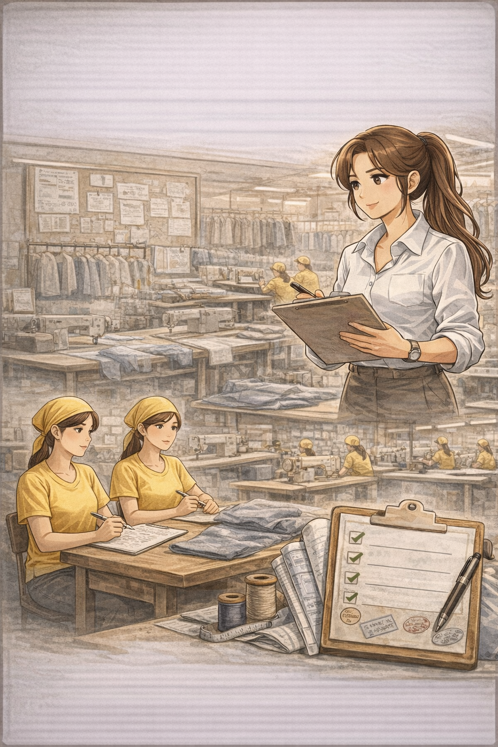 베트남 의류 공장에서 여성 관리자가 클립보드를 들고 점검하며 엘로우 반팔티와 두건을 착용한 여성 작업자들이 봉제 작업을 하는 모습