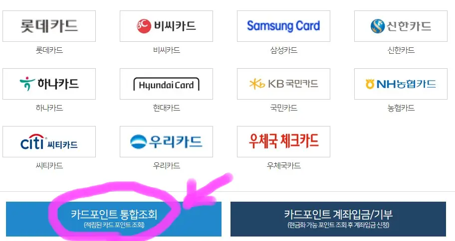 카드 포인트 통합조회를 클릭해 줍니다.