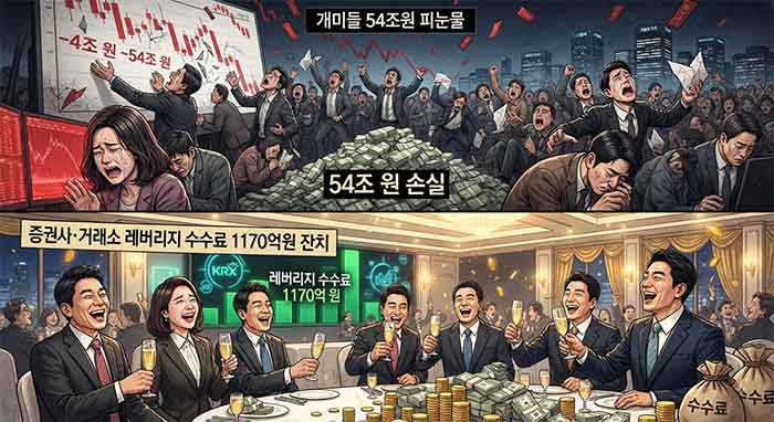 주식 폭락으로 눈물 흘리는 개인투자자와 수수료 잔치를 벌이는 증권사 모습.