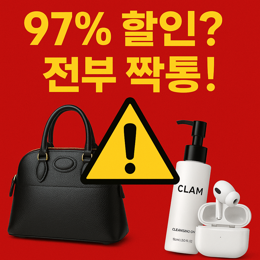 해외 직구 최대 97% 할인 제품이 모두 위조품이라는 경고 메시지를 담은 빨간 배경의 경고 썸네일 이미지