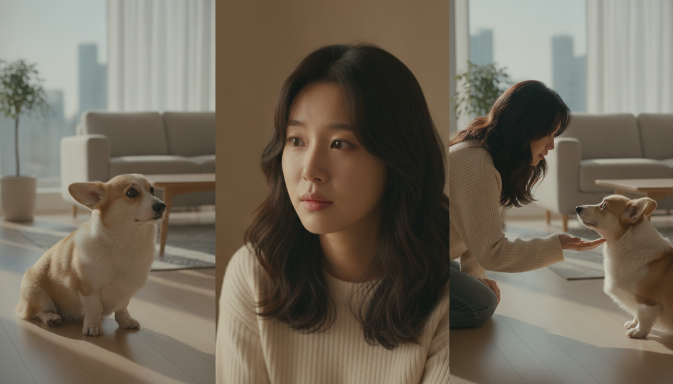 아파트 거실에서 불안해하며 꼬리를 내린 강아지, 걱정스러운 표정으로 강아지를 바라보는 보호자, 그리고 강아지에게 위로의 손길을 건네는 보호자의 3단 이미지 세트입니다.