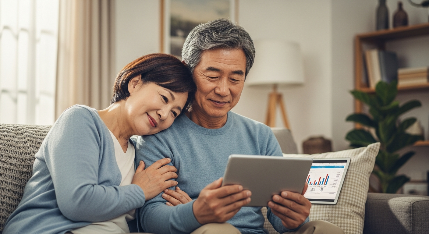 햇살 좋은 거실 소파에 앉아 태블릿을 보며 안심한 표정으로 미소 짓는 60대 한국인 노부부. 주택연금을 통해 안정적인 노후를 보내는 모습.