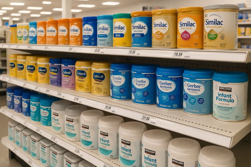 대형 매장 진열대에 다양한 브랜드의 유아용 분유 통들이 진열되어 있는 모습. 브랜드 이름과 가격이 선반에 표시되어 있다.