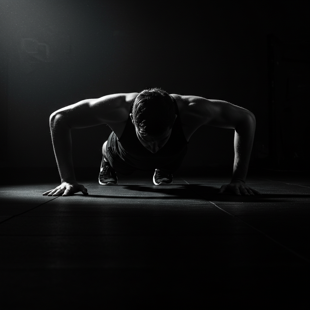 어두운 바닥에서 팔을 굽혀 푸시업(팔 굽혀 펴기) 동작을 수행하고 있는 사람의 상체 모습