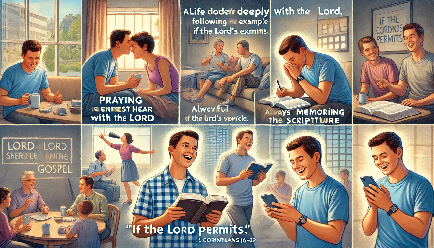 Here is the illustration showing a modern believer living a life deeply in communion with the Lord, following Paul's example in 1 Corinthians 16:1-12. The scenes include the person eagerly engaging in fellowship with others, always mindful of 'if the Lord permits.' Activities depicted are praying earnestly to hear the Lord's voice, engaging in passionate fellowship with others, memorizing and sharing scripture, and evangelizing with enthusiasm. The environments blend personal prayer space, community gatherings, and public areas for sharing the gospel, conveying dedication, spiritual sensitivity, and fervent commitment to spreading the truth.