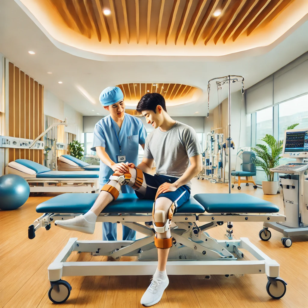원주의 재활병원 외래 치료실&amp;#44; 물리치료사가 환자와 재활운동을 진행하는 장면