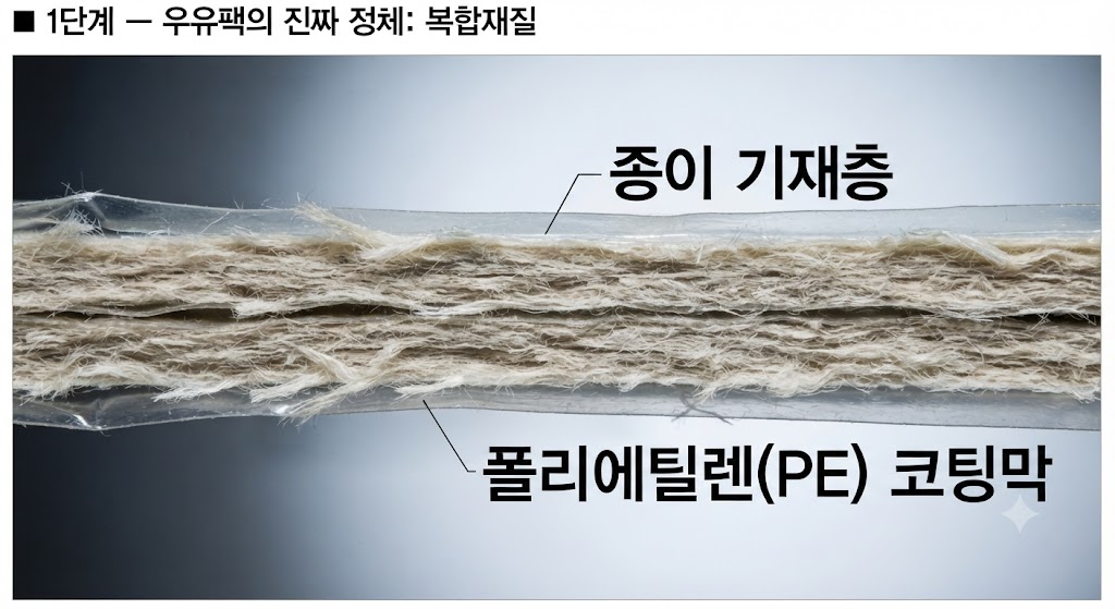'복합재질'의 비밀을 밝힙니다. 우유팩(일반팩)의 단면을 현미경으로 관찰한 것처럼 확대했습니다. 종이 층 사이에 얇은 폴리에틸렌(PE) 막이 샌드위치처럼 끼어 있는 구조를 명확히 보여줍니다.