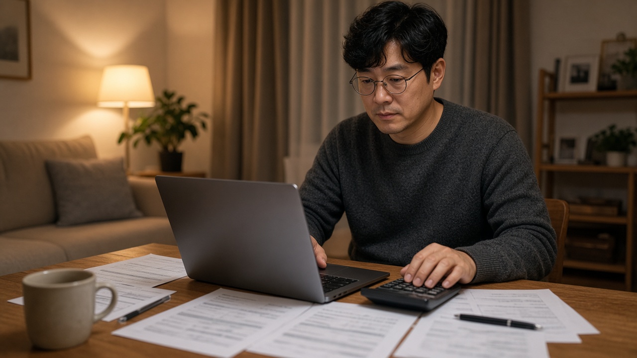 거실 테이블에서 노트북으로 청약 일정을 정리하며 계산기를 두드리는 40대 한국인 남성