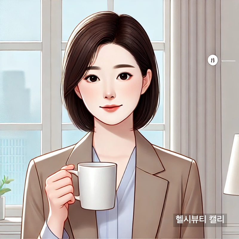 오전 햇살이 비추는 사무실에서 커피를 마시며 하루를 시작하는 직장 여성