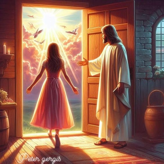 한 소녀가 예수님과 열린문 앞에 있는 사진