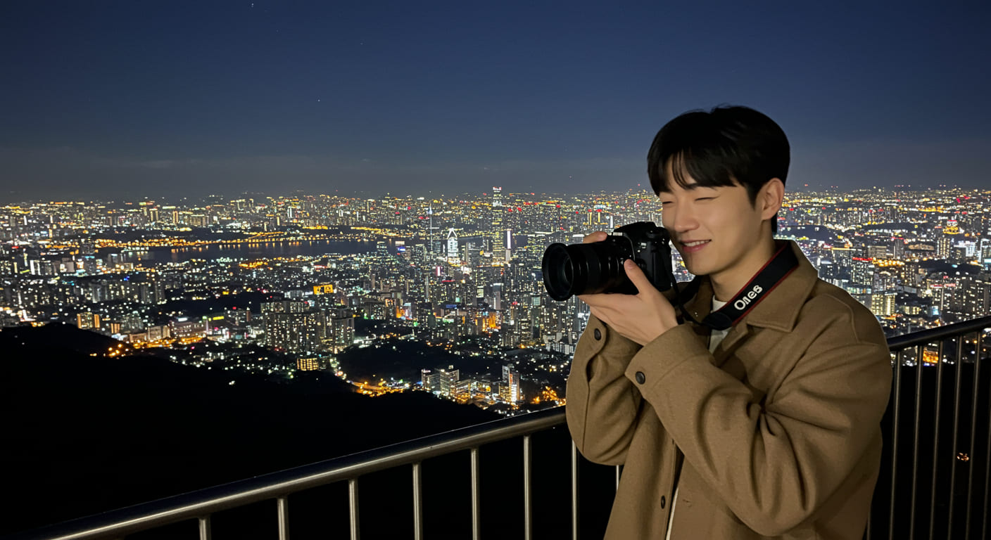오사카 야경을 촬영하는 귀여운 한국인 남성