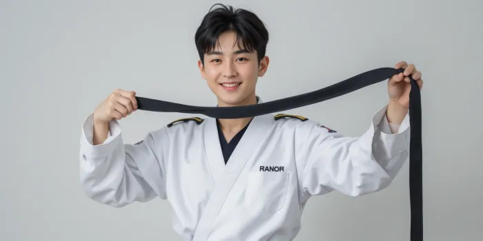 검은띠를 자랑스럽게 들고 있는 청소년 수련생