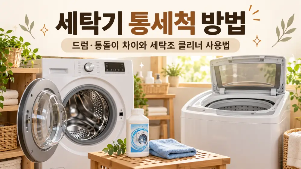 세탁기 통세척 방법을 소개하는 썸네일 이미지. 드럼세탁기와 통돌이세탁기를 나란히 배치하고 세탁조 클리너, 청소용 수건과 함께 세탁기 종류별 통세척 방법 및 세척제 사용법을 안내하는 모습.