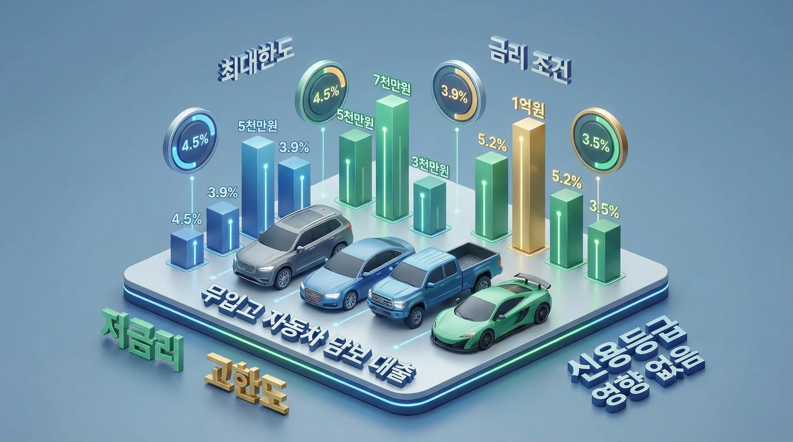 무입고 자동차 담보 대출의 한도와 금리 조건을 비교 분석하는 3D 인포그래픽