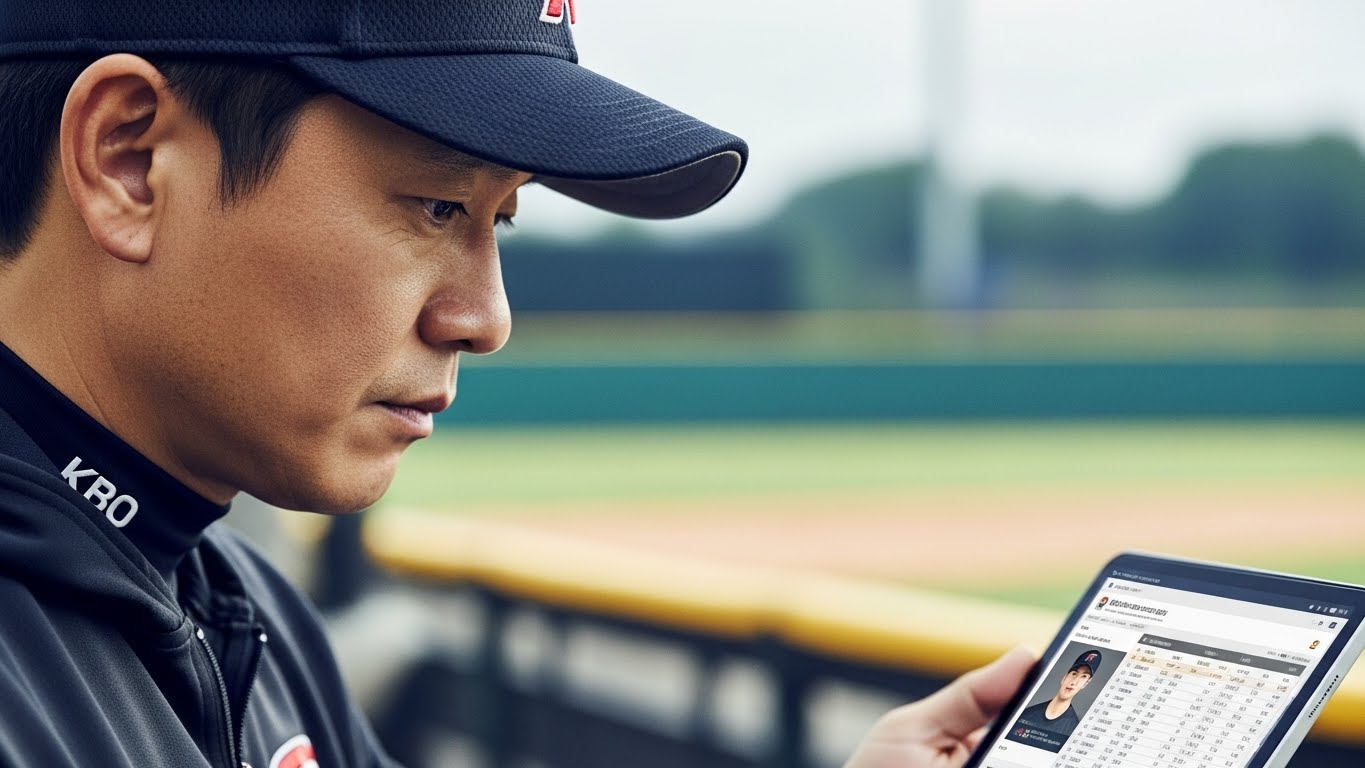 KBO 구단 단장이 태블릿으로 선수 데이터를 분석하며 아시아쿼터 선수 영입을 고심하는 모습.