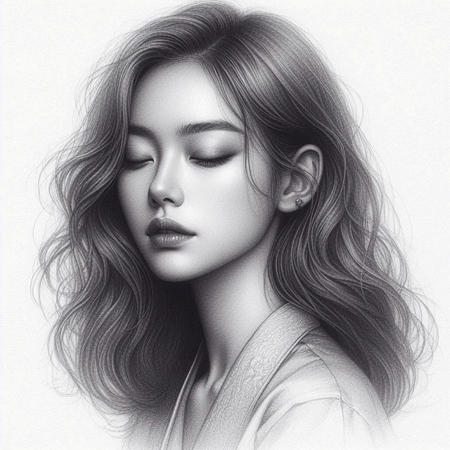 검은색 연필로 그린 젊은 여자의 얼굴이다. 웨이브 단발머리에 두 눈을 감고 있는 무표정한 얼굴이다.