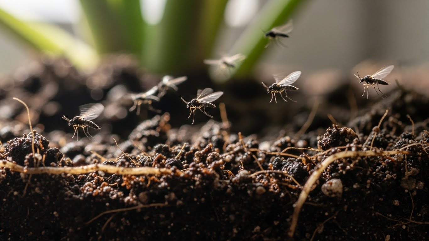실내 화분 흙 위를 날아다니는 작은 날벌레 모습