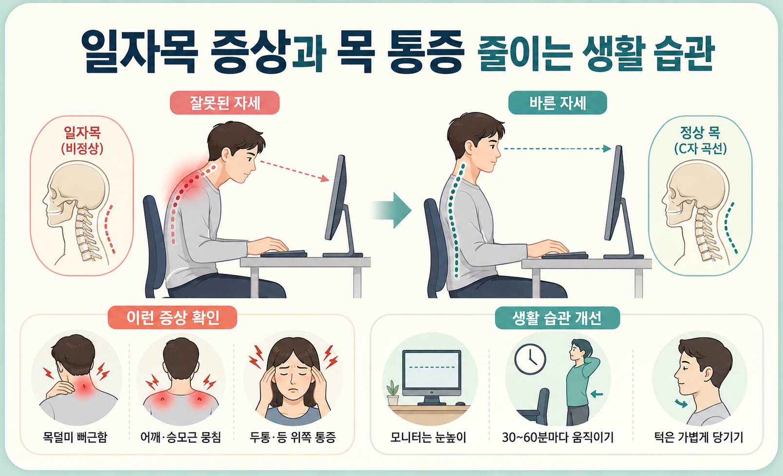 일자목 증상과 목 통증을 줄이는 올바른 자세와 생활 습관 비교