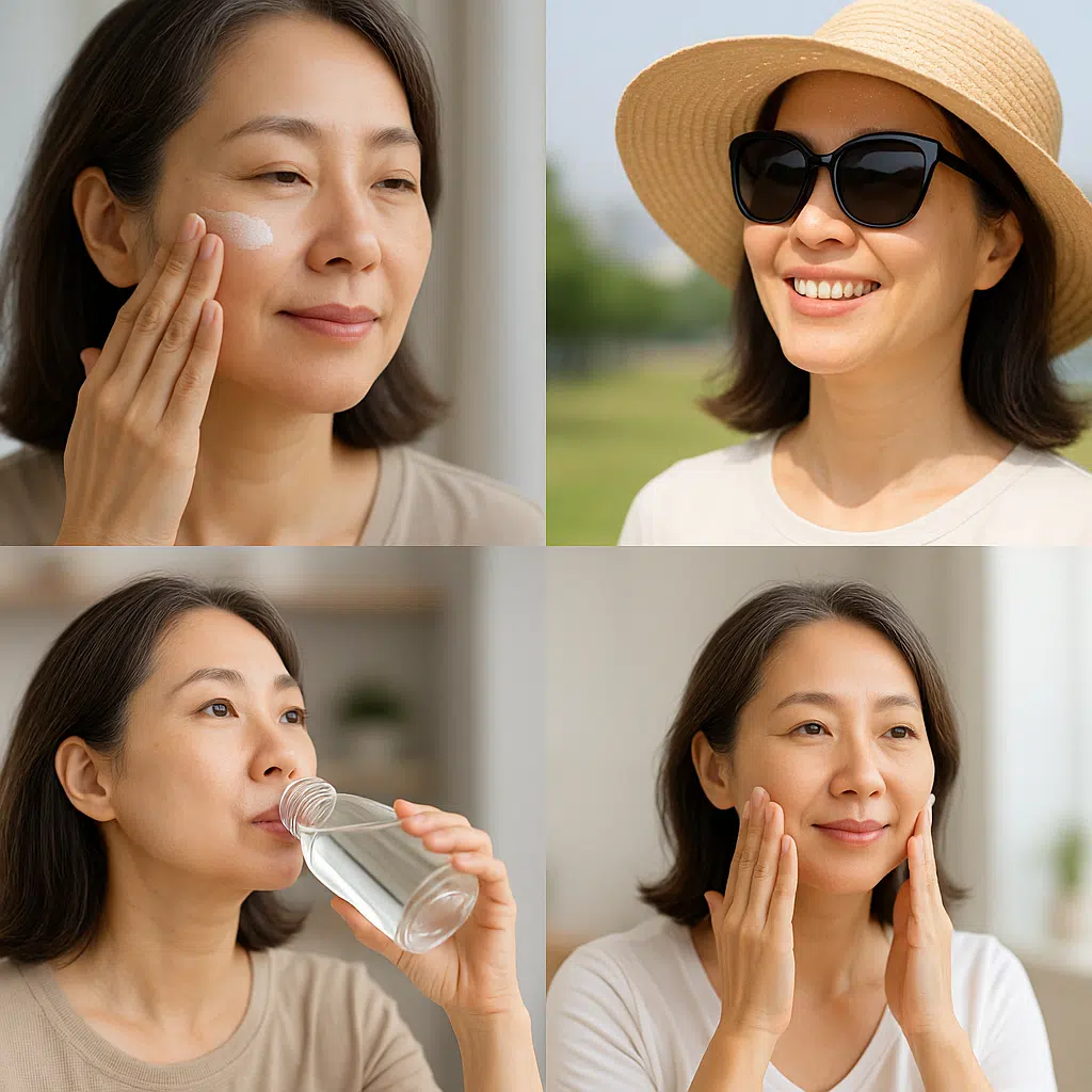 중년 여성이 자외선 차단제를 바르는 장면, 모자와 선글라스를 착용한 모습, 물을 마시고 보습제를 바르는 건강한 생활 습관 장면을 한 화면에 담은 콜라주