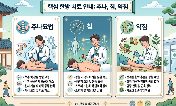 추나요법, 침, 약침 등 치료 항목을 나열한 인포그래픽