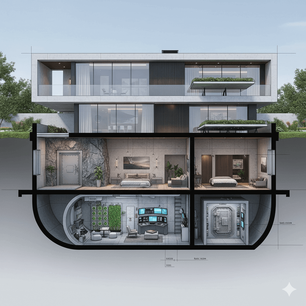 지상 현대 저택과 지하 개인 벙커 및 세이프 룸 구조를 보여주는 상세 단면도