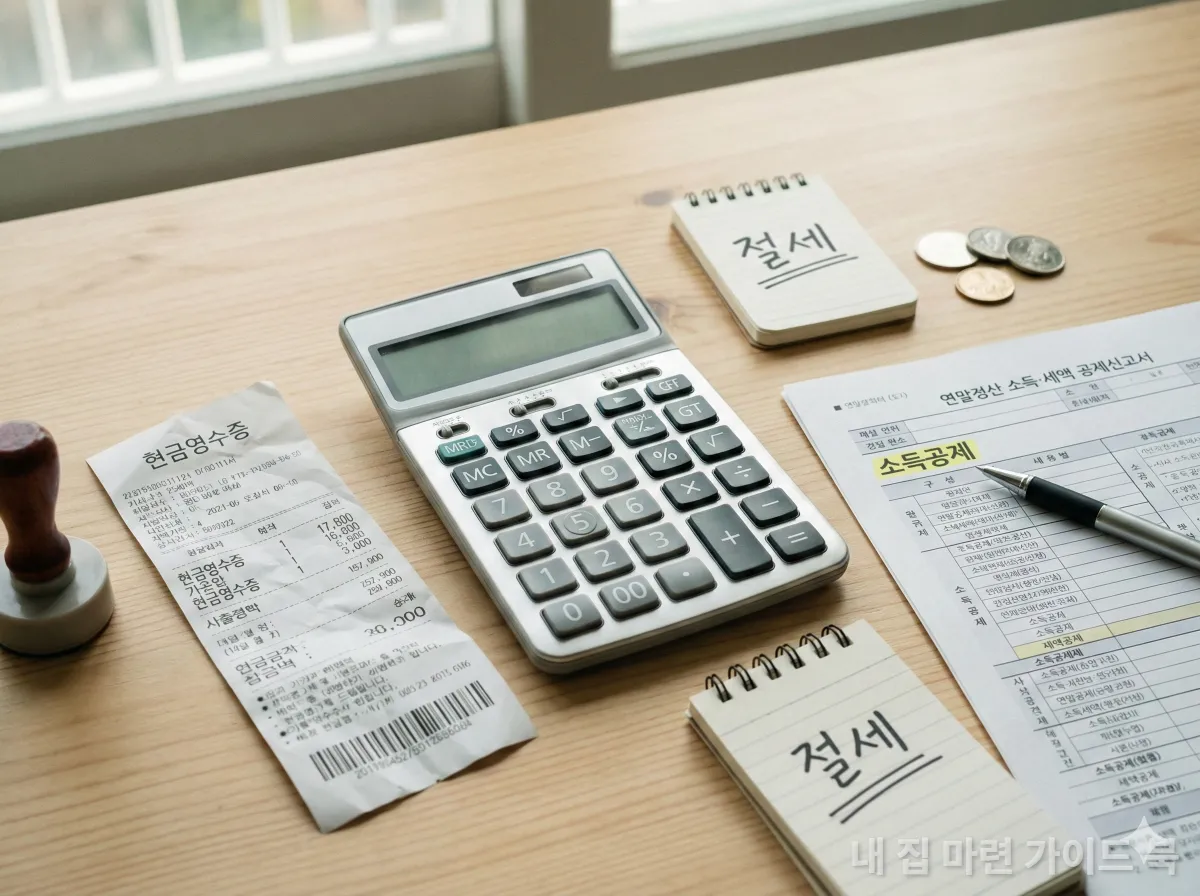 계산기와 현금영수증, 연말정산 서류가 책상 위에 놓여 있는 모습