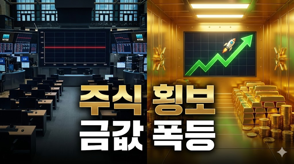횡보하는 주식 시장과 폭등하는 금 가격을 대비시킨 이미지