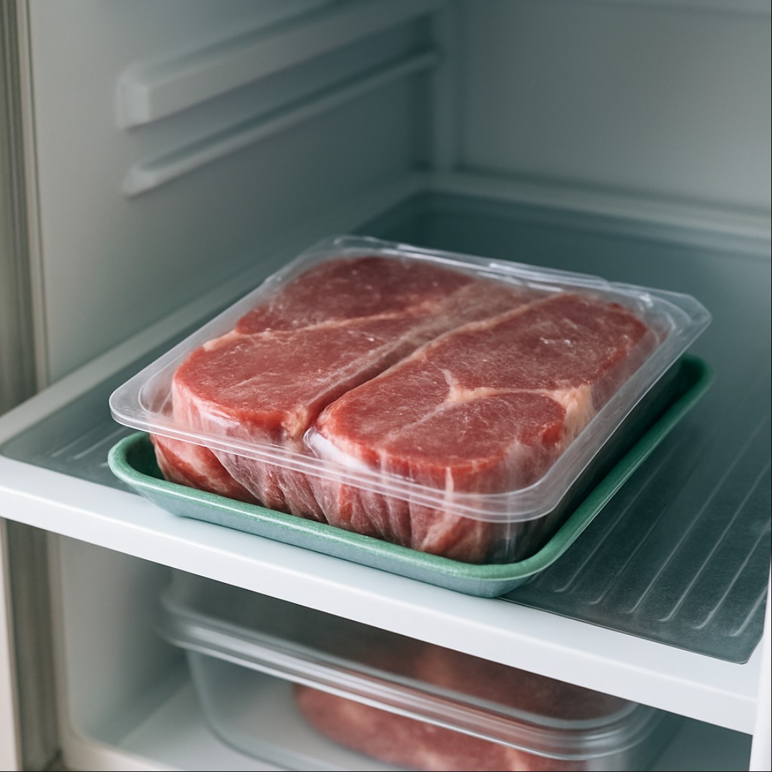 냉장 해동을 위해 냉장고 안에 보관된 고기 패키지 이미지
