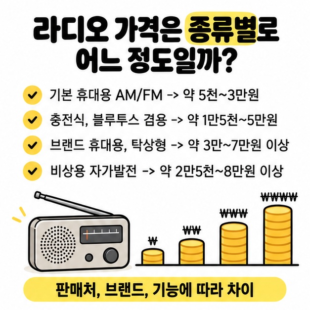 기본형과 블루투스형, 비상용 라디오의 가격대를 비교한 이미지