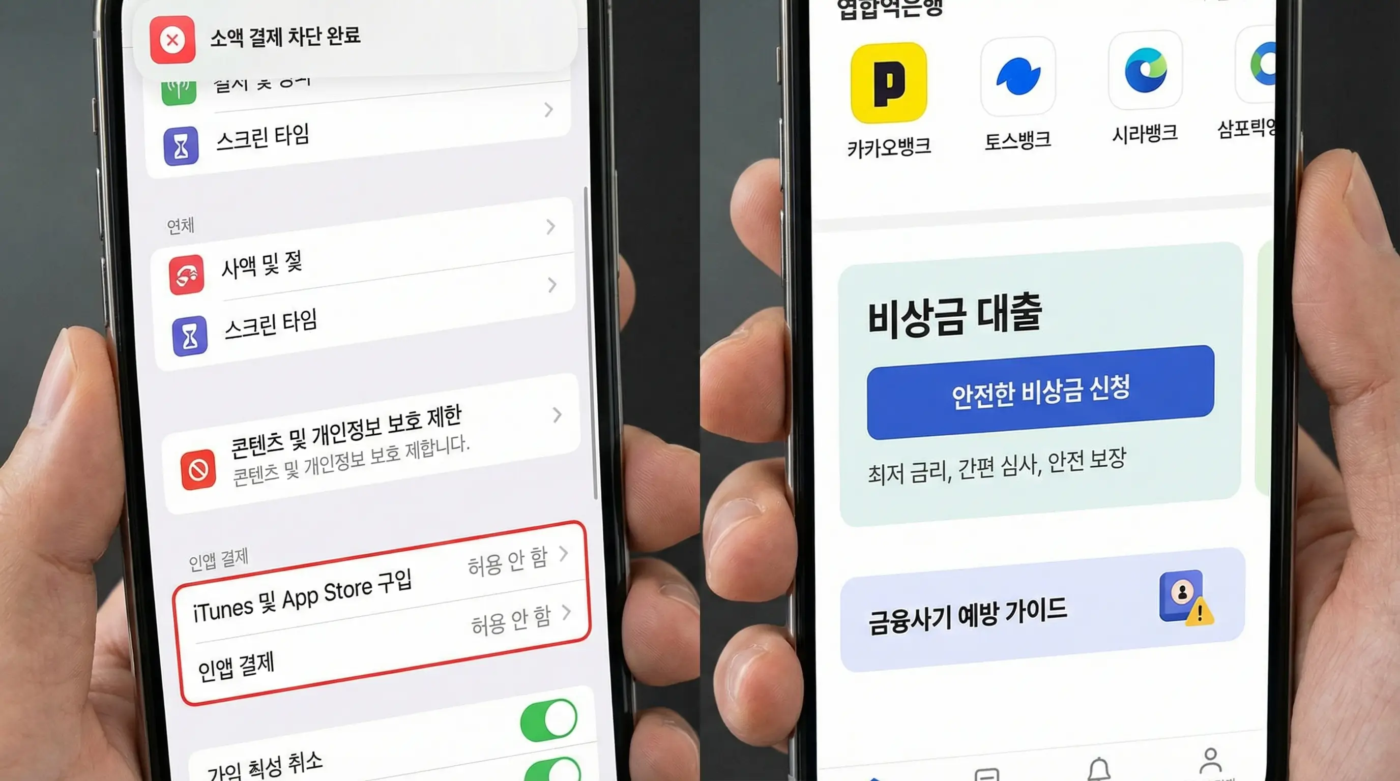 아이폰 소액 결제 차단 설정 방법과 안전한 비상금 대출 활용법을 보여주는 스마트폰 화면