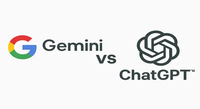 Gemini와 ChatGPT 앱 이름과 로고가 나란히 배치된 정보형 그래픽 이미지. AI 챗봇 앱의 기능 비교를 상징적으로 표현.